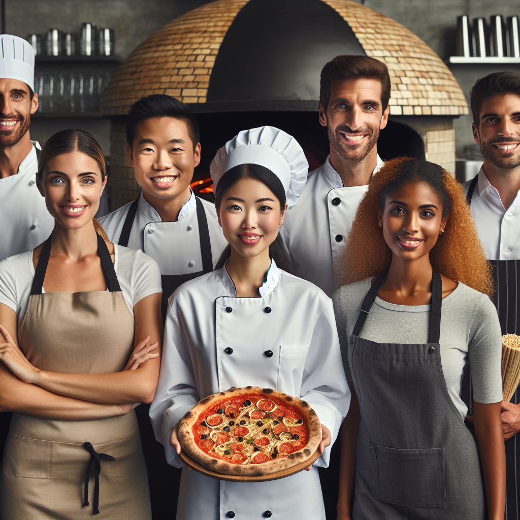 Friendly pizza restaurant kitchen team standing proudly in front of wood-fired oven with chef holding freshly made pizza