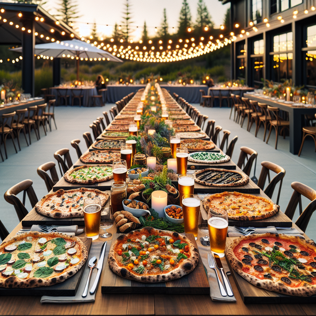 Elegant catering setup with artisan pizzas on wooden boards, craft beer and wine glasses, and string lights at outdoor event