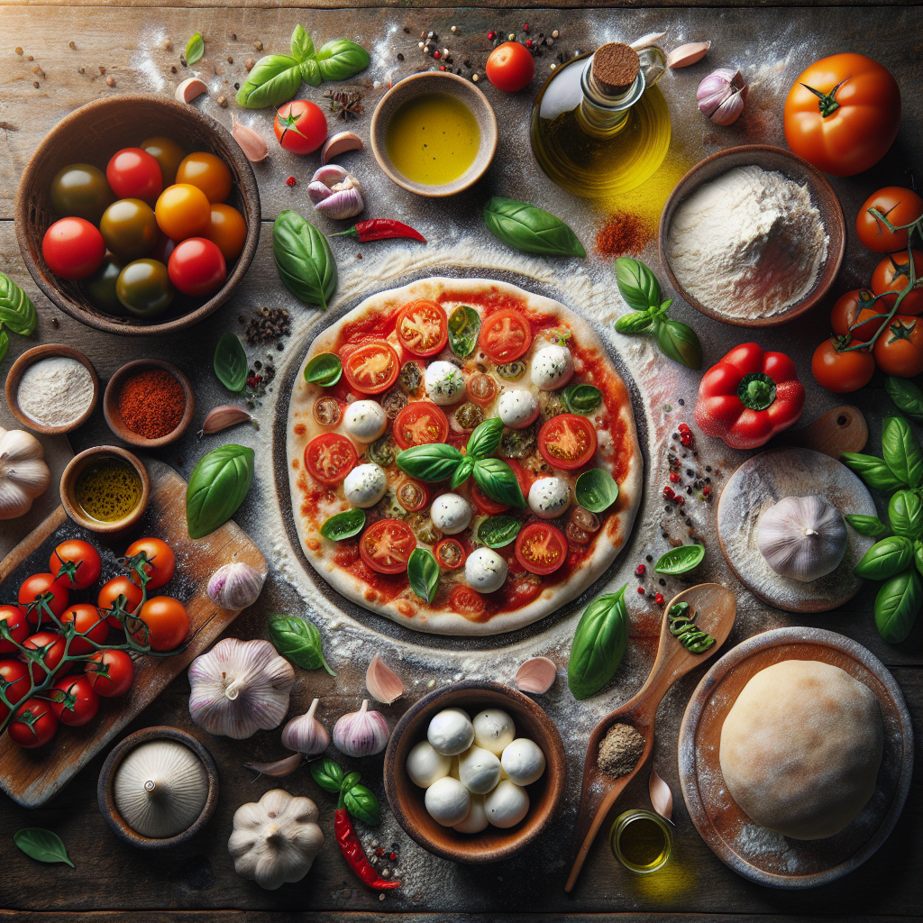 Fresh pizza ingredients on wooden surface