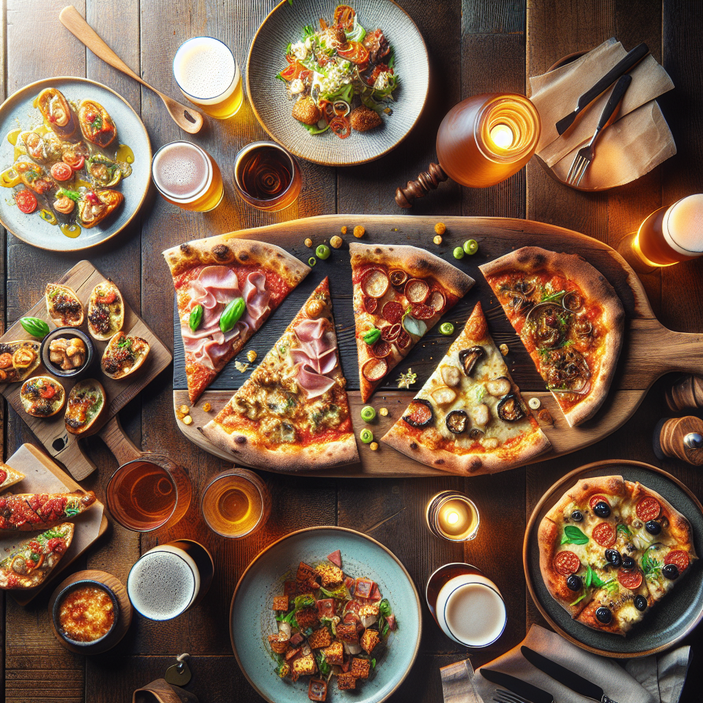 Table spread at craft pizza restaurant with artisan pizza slices, craft beer flights on wooden paddle, and appetizer plates