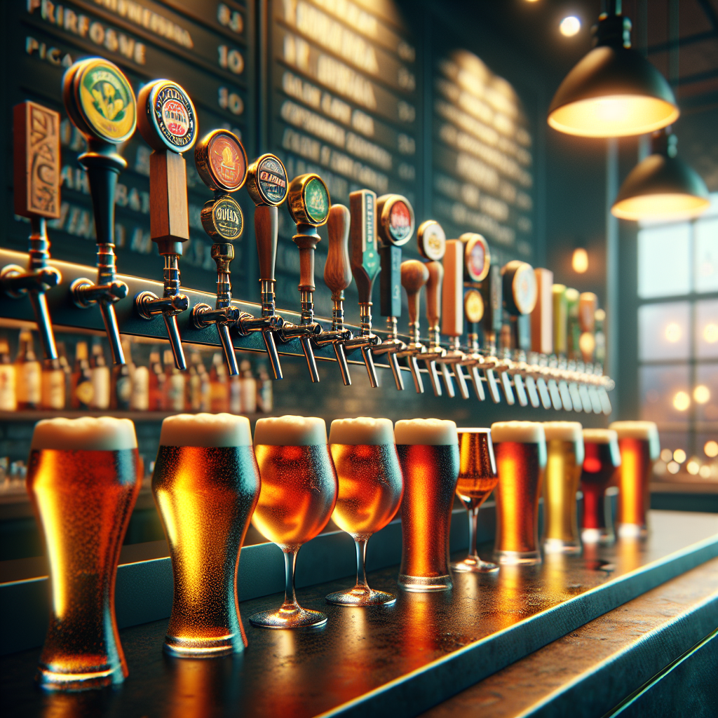 Craft beer taps at a modern pizza restaurant bar with beautiful amber and golden craft beers